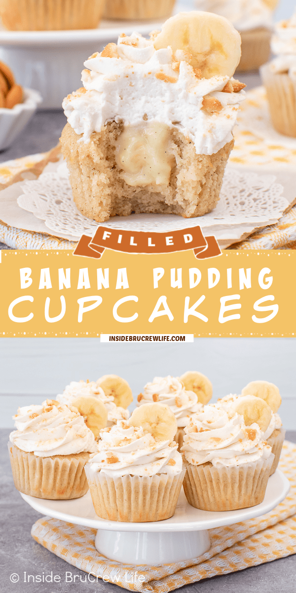 Two pictures of banana pudding cupcakes collaged together with a yellow text box.