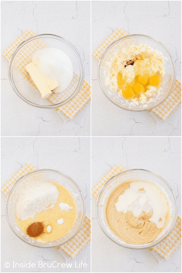 Four pictures collaged together showing how to make cupcake batter.