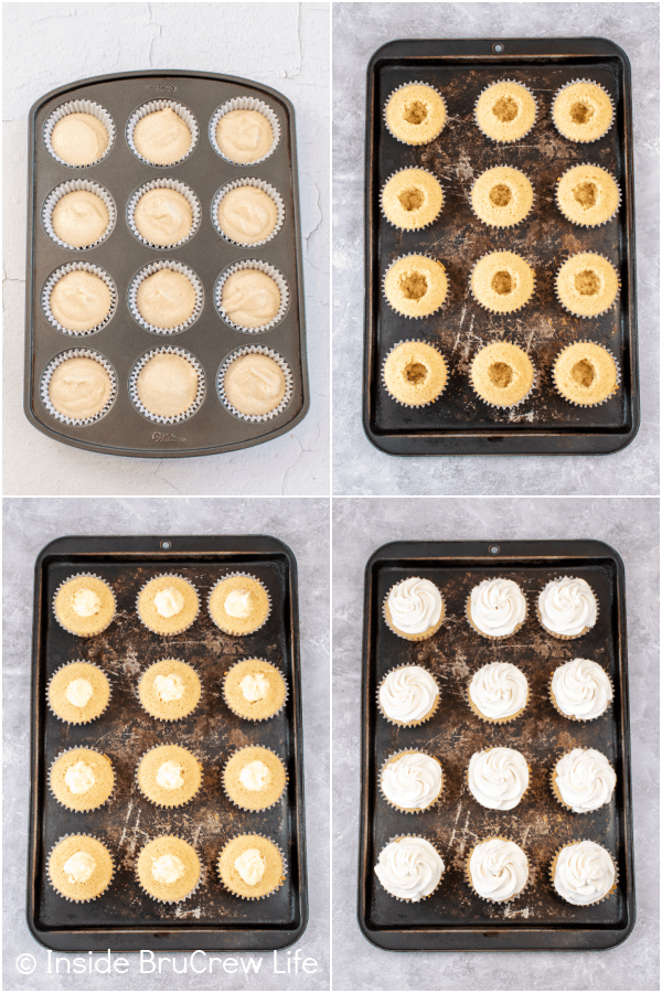 Four pictures collaged together showing how to fill and frost baked cupcakes.
