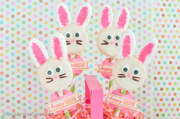 Four Oreo bunnies with marshmallow ears and edible eyes.