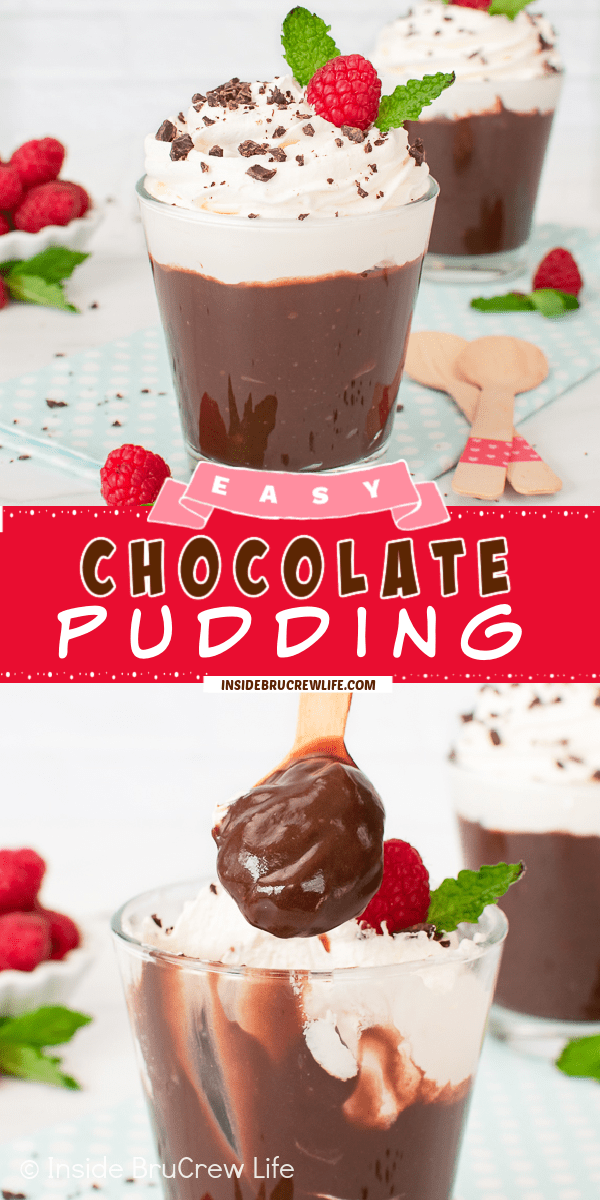 Two pictures of chocolate pudding collaged together with a red text box.