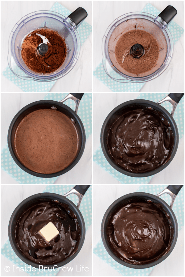 Six pictures collaged together showing how to make chocolate pudding from scratch.