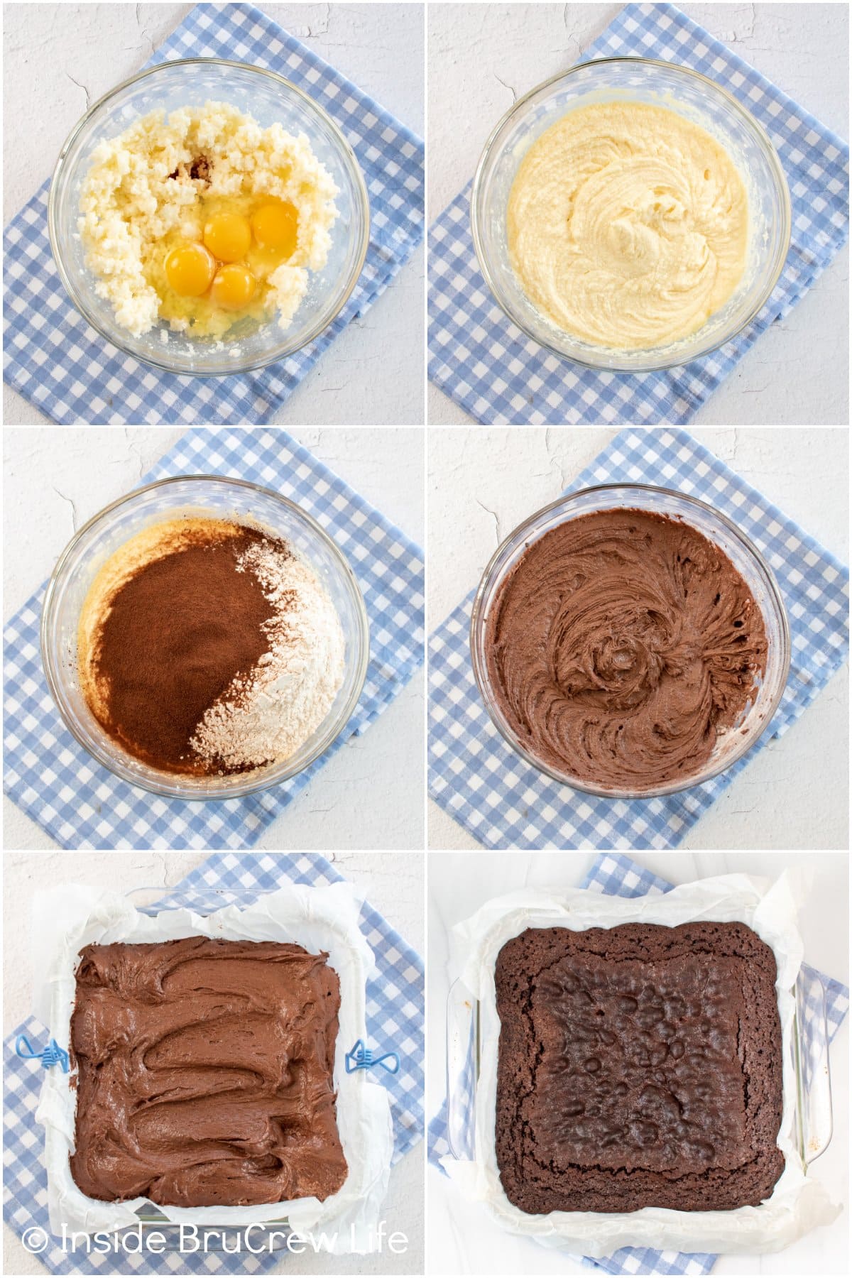 Six photos collaged together showing how to make brownie batter.