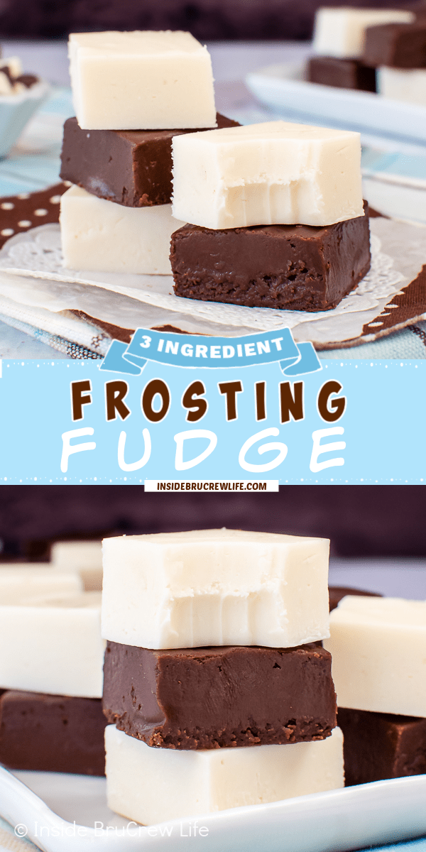 Two pictures of frosting fudge collaged together with a blue text box.