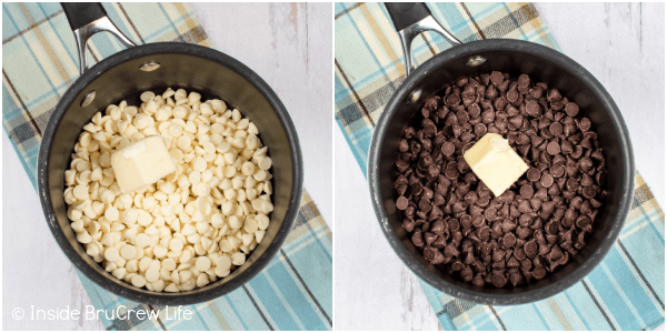 Two pictures of chocolate chips and butter in a pan.