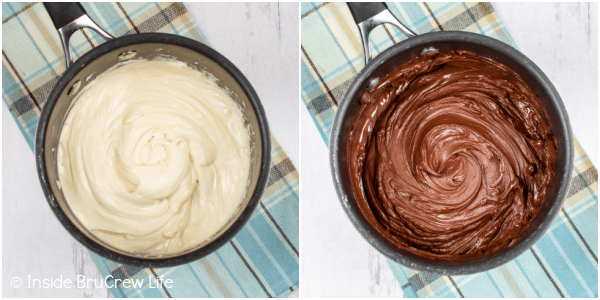 Two pictures of melted chocolate chips in a pan.
