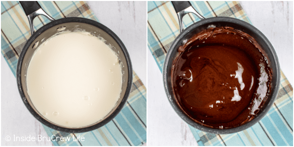 Two pictures of melted chocolate chips in a pan.