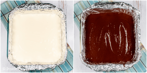 Two pictures of chocolate and vanilla fudge in a square pan.