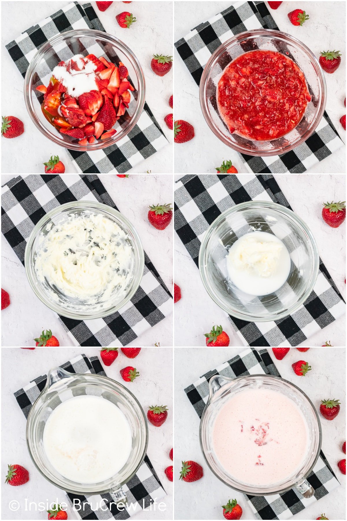Six pictures collaged together showing how to make the base for strawberry ice cream.