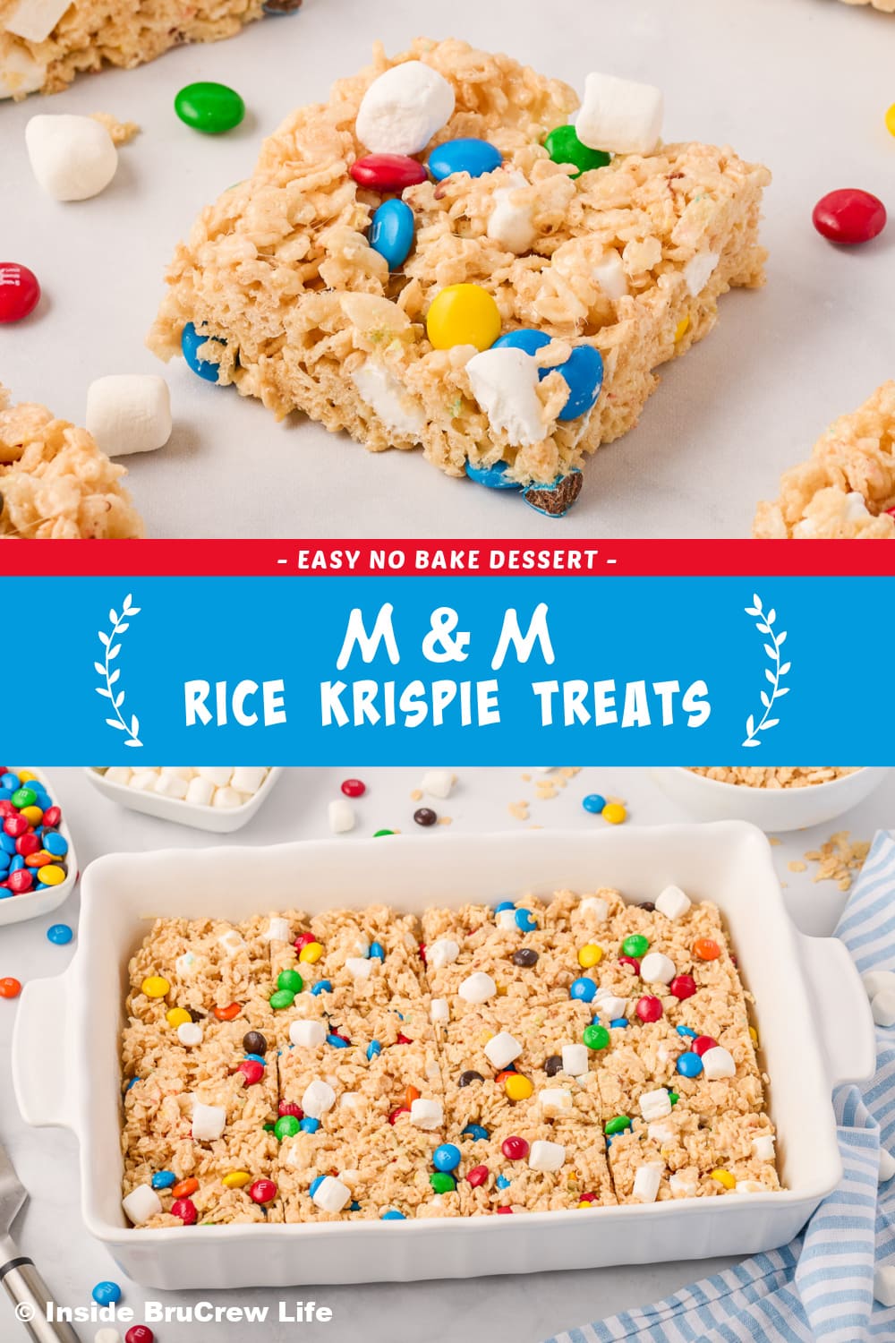 Two pictures of M&M rice krispie treats collaged together with a blue text box.
