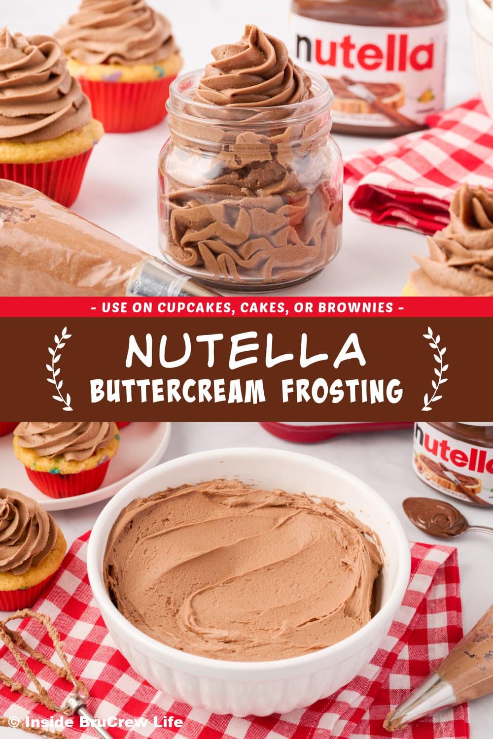 Two pictures of Nutella frosting collaged together with a brown text box.