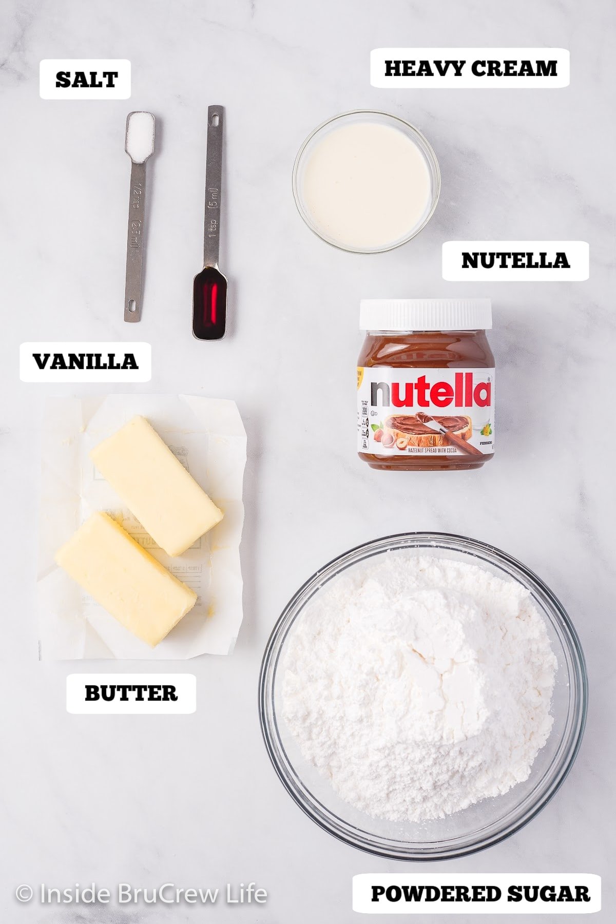 A white board with the ingredients needed to make Nutella frosting on it.