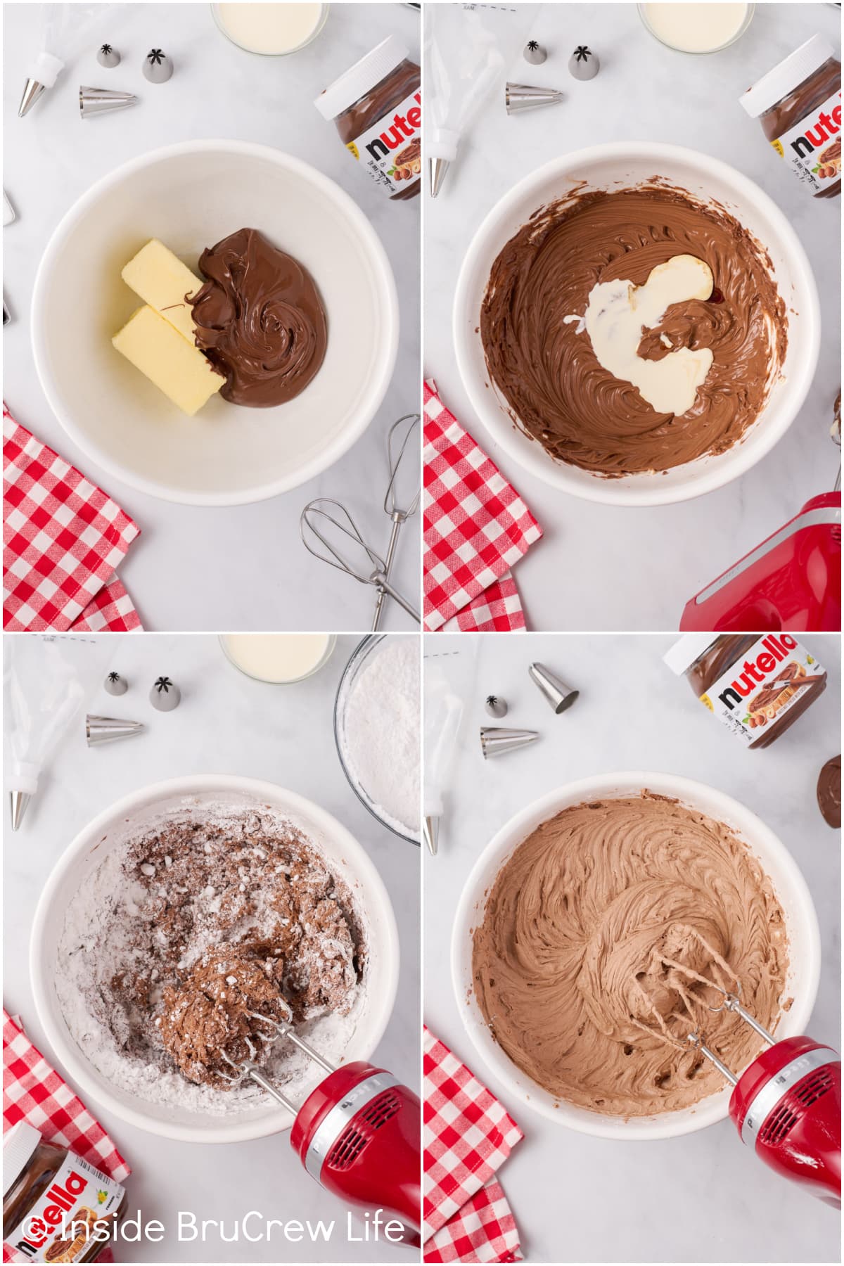 Four pictures collaged together showing how to make Nutella buttercream.