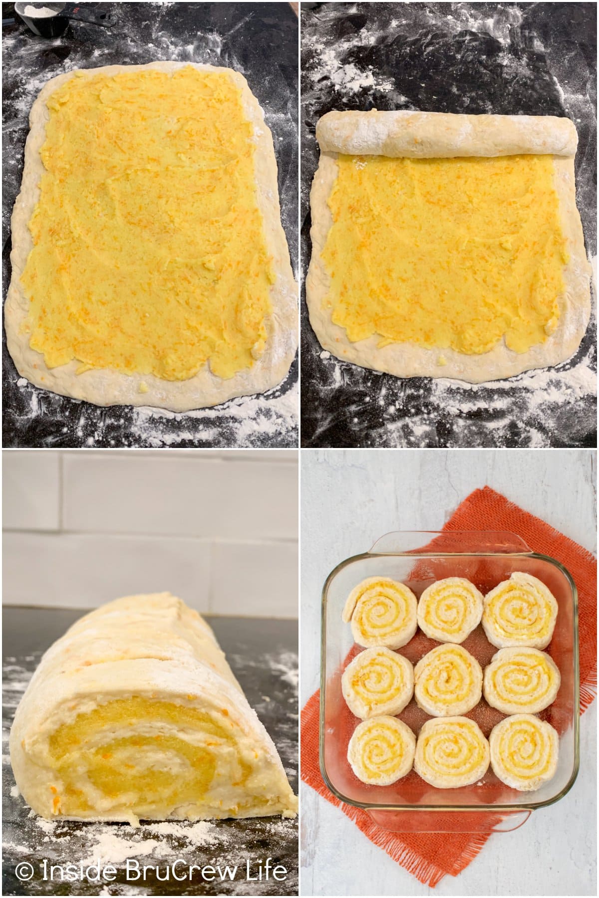 Four pictures collaged together showing how to roll up sweet rolls.