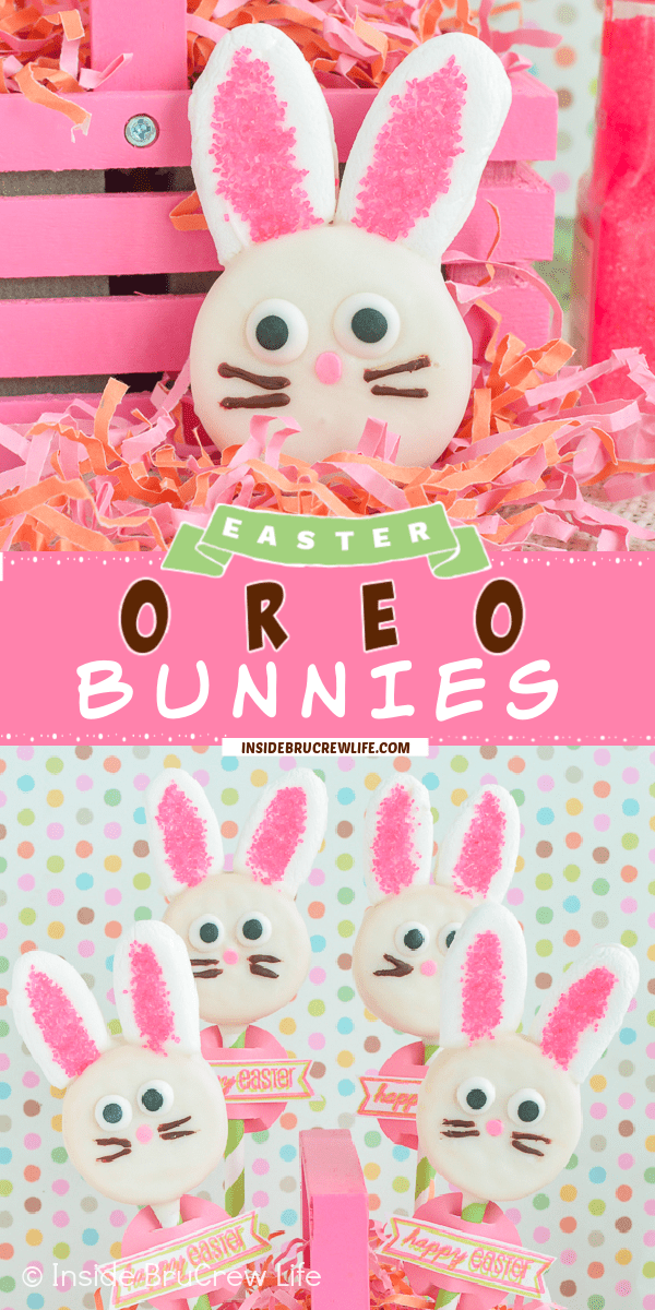 Two pictures of Oreo bunnies collaged together with a pink text box.