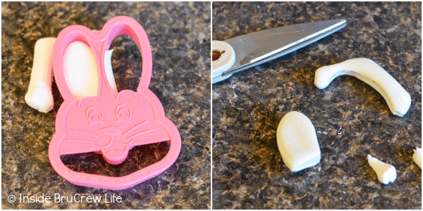 Two pictures collaged together showing how to make bunny ears from flat marshmallows.