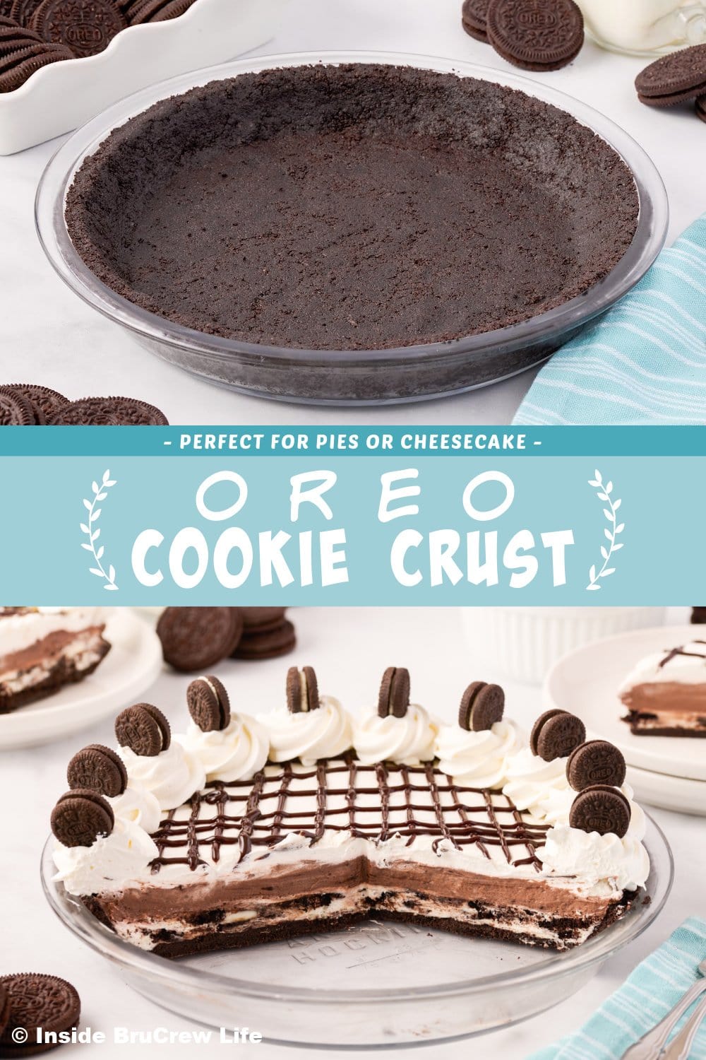 Two pictures of an Oreo crust collaged together with a blue text box.
