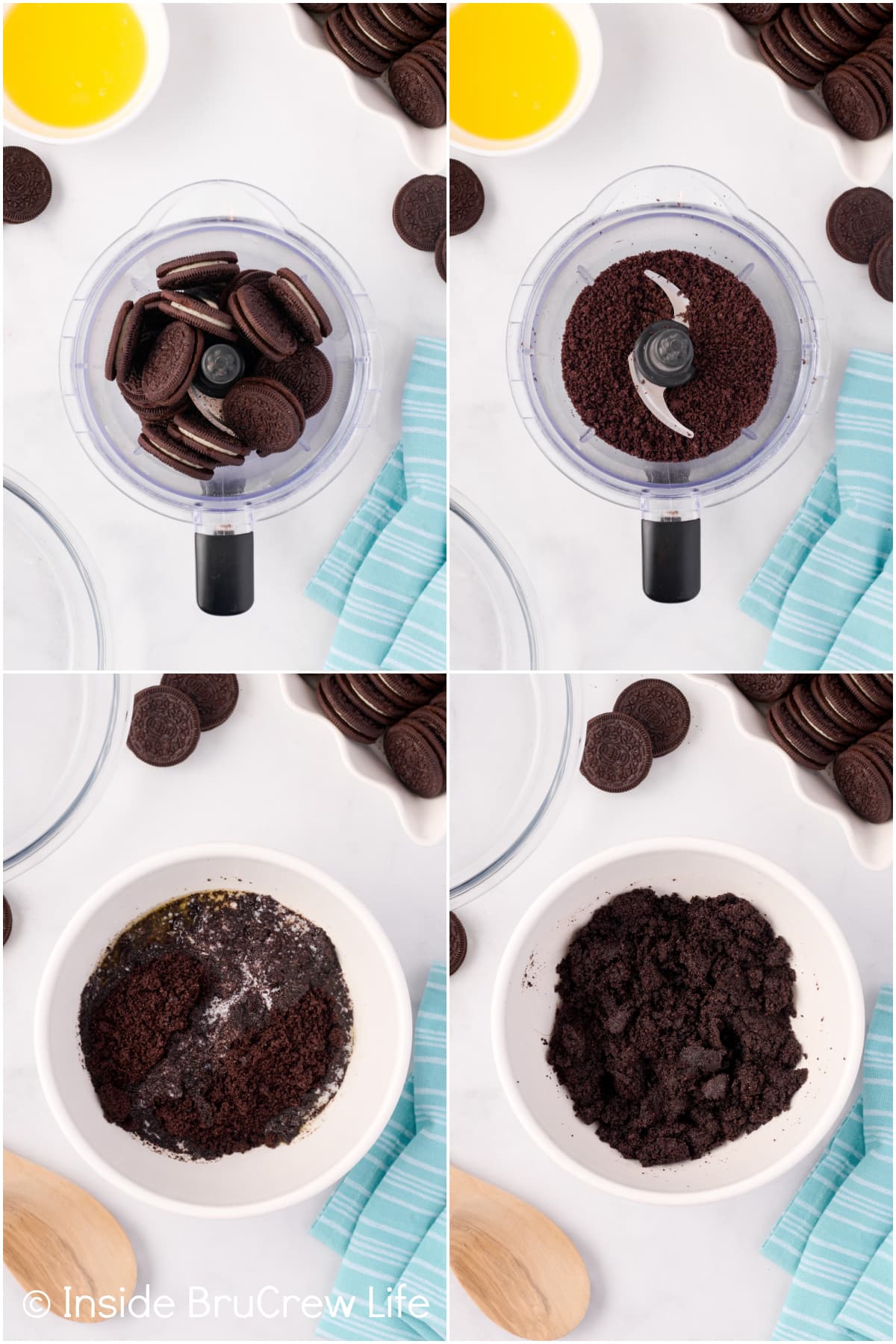 Four pictures collaged together showing how to make an Oreo cookie crust.