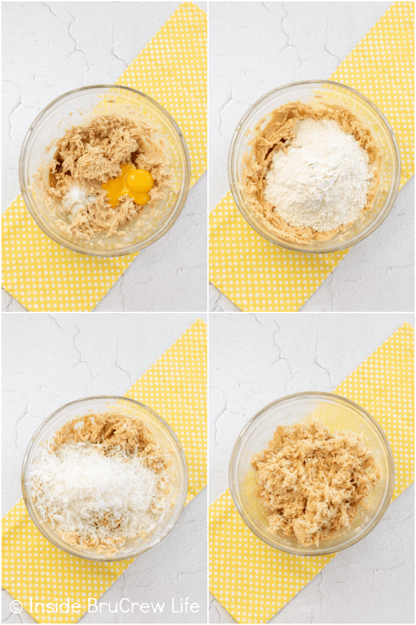 Four photos collaged together showing how to make coconut crumble dough.