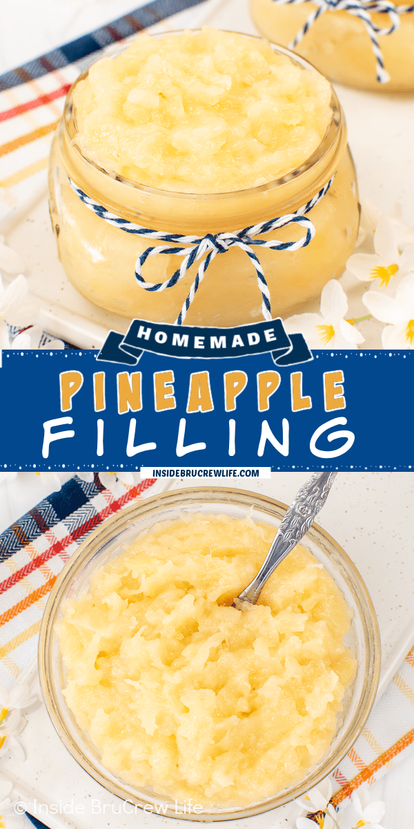 2 pictures of pineapple filling separated by a blue text box.