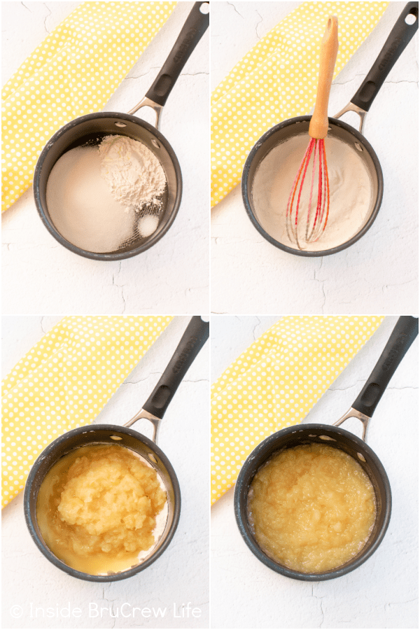 Four pictures collaged together showing how to make a homemade pineapple pie filling.