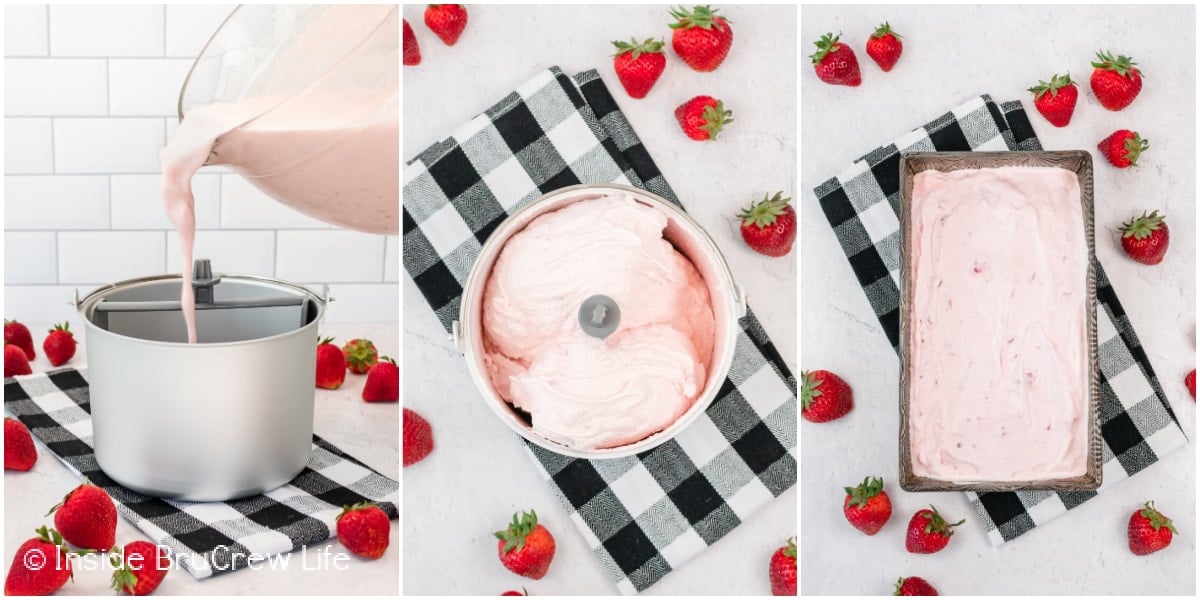 Three pictures showing how to churn strawberry ice cream.