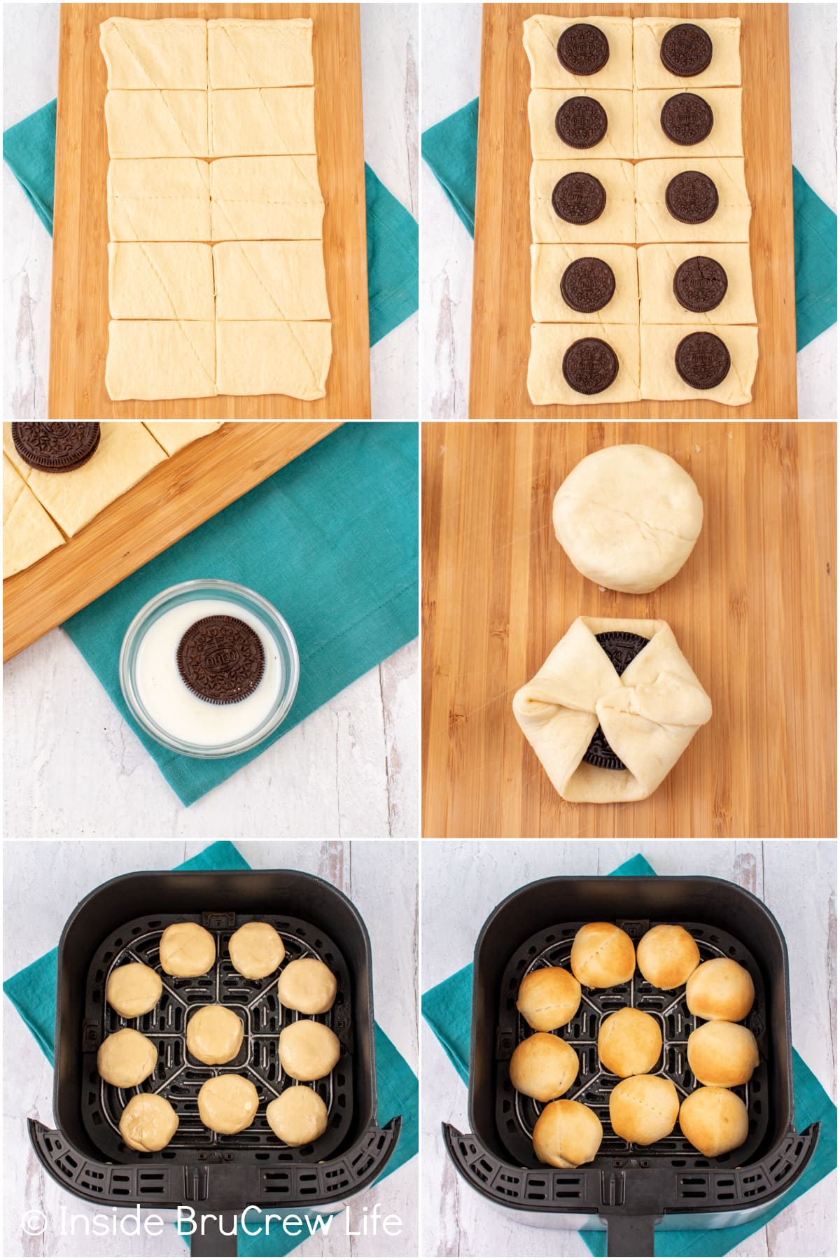 Six pictures collaged together showing the steps to wrapping Oreos in crescent roll dough.