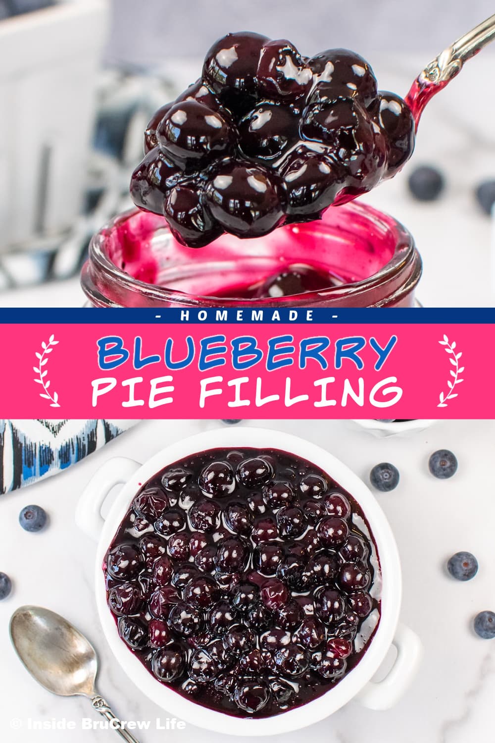 Two pictures of blueberry filling collaged together with a pink text box.