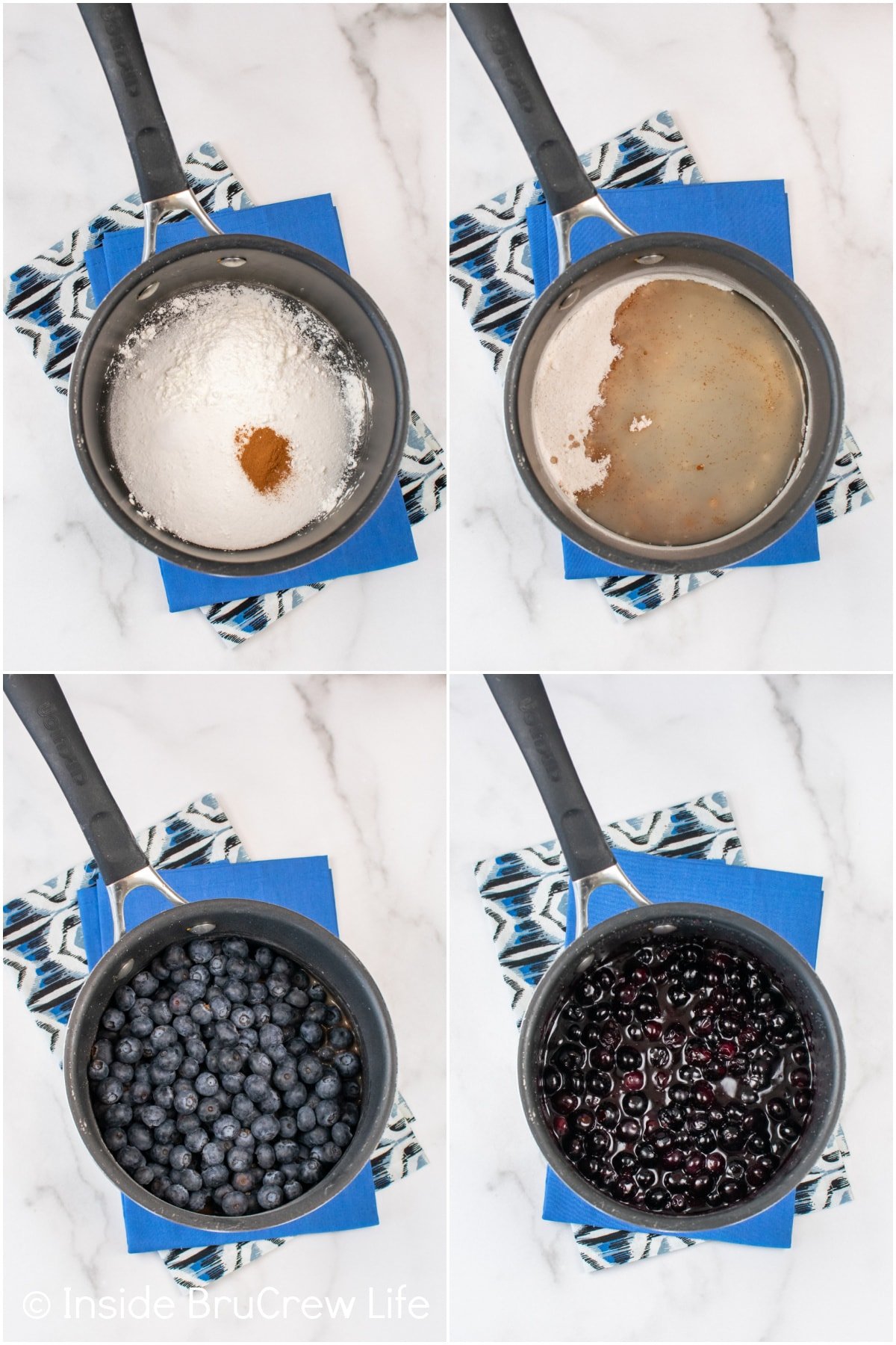 Four pictures collaged together showing how to cook fresh blueberries.