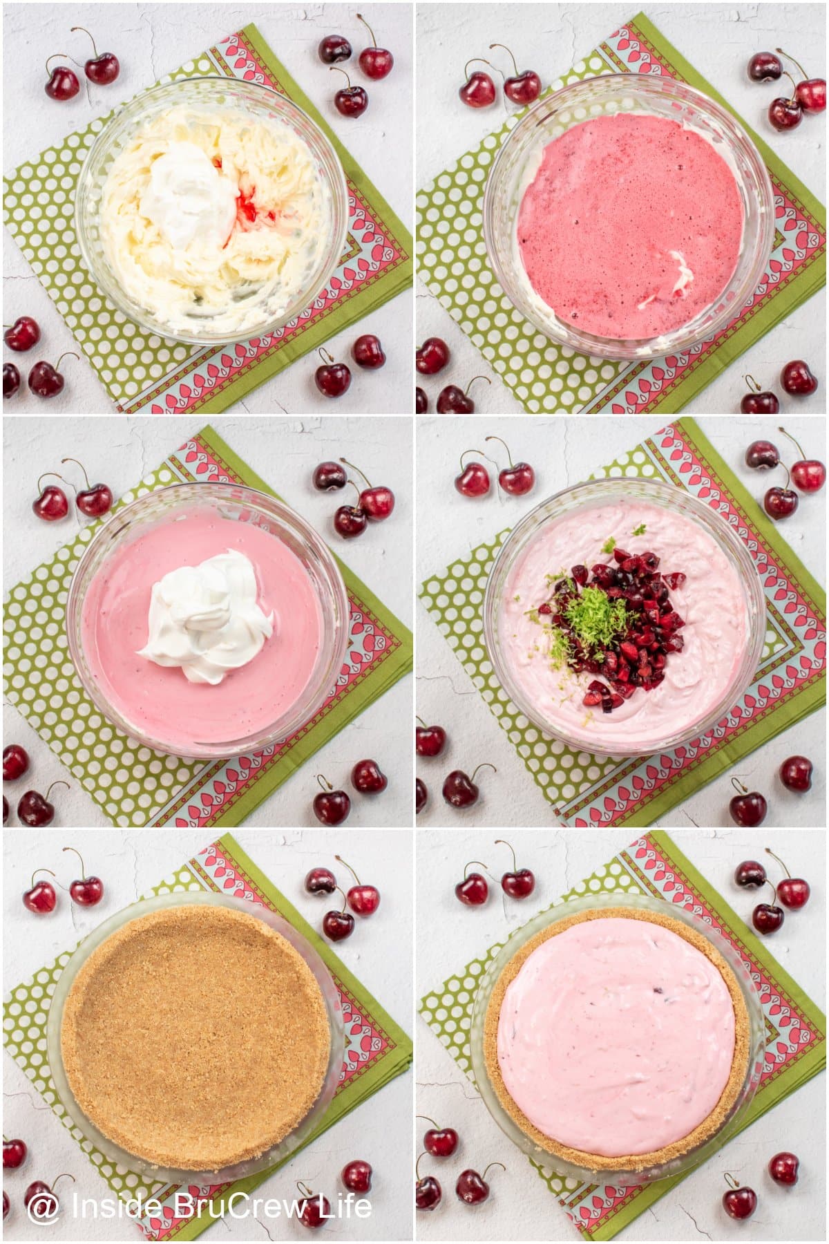 Six pictures collaged together showing the steps to making a cherry limeade pie.