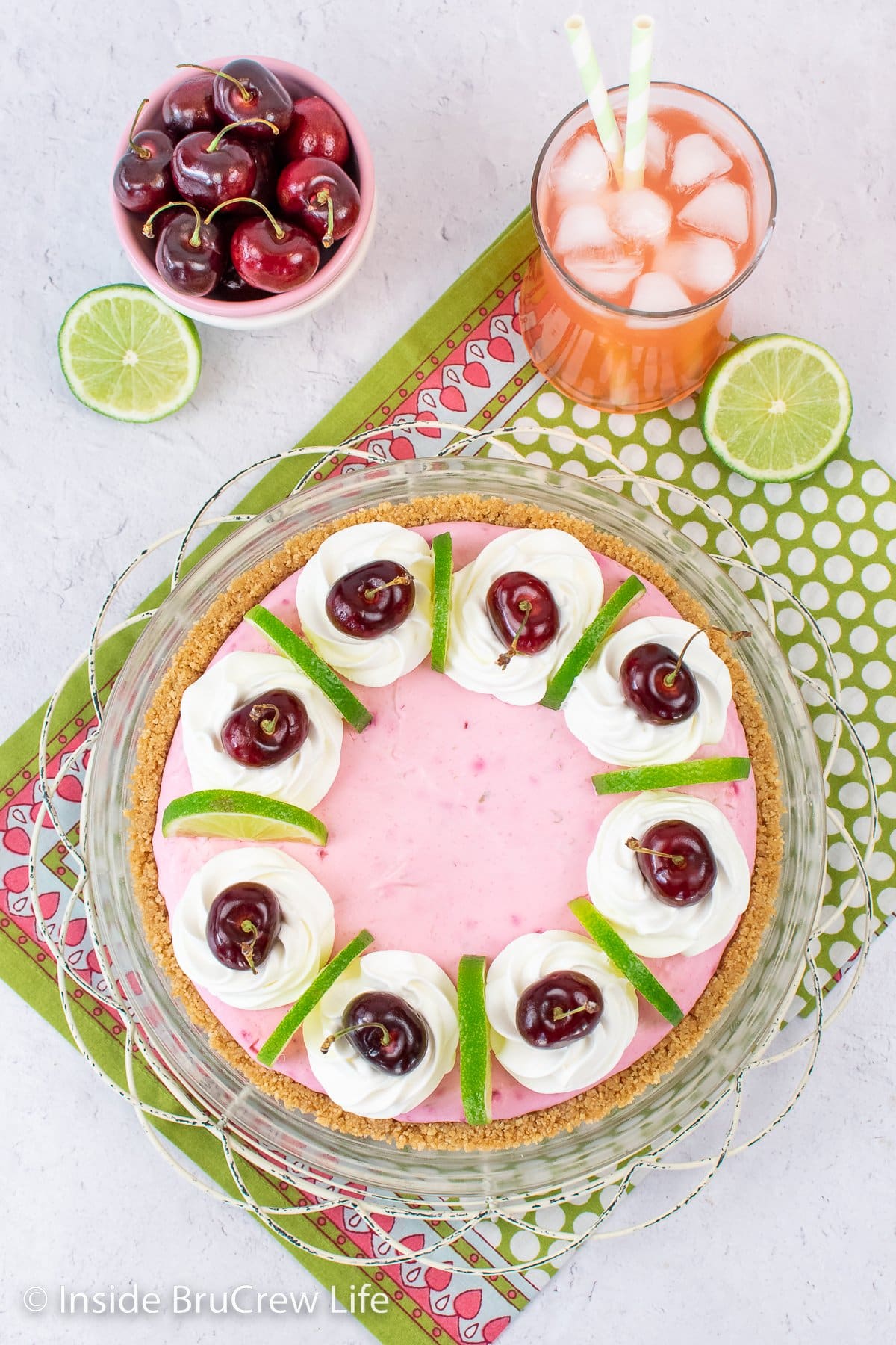 Overhead picture of a no bake pink pie.