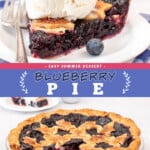 Two pictures of blueberry pie collaged together with a blue text box.