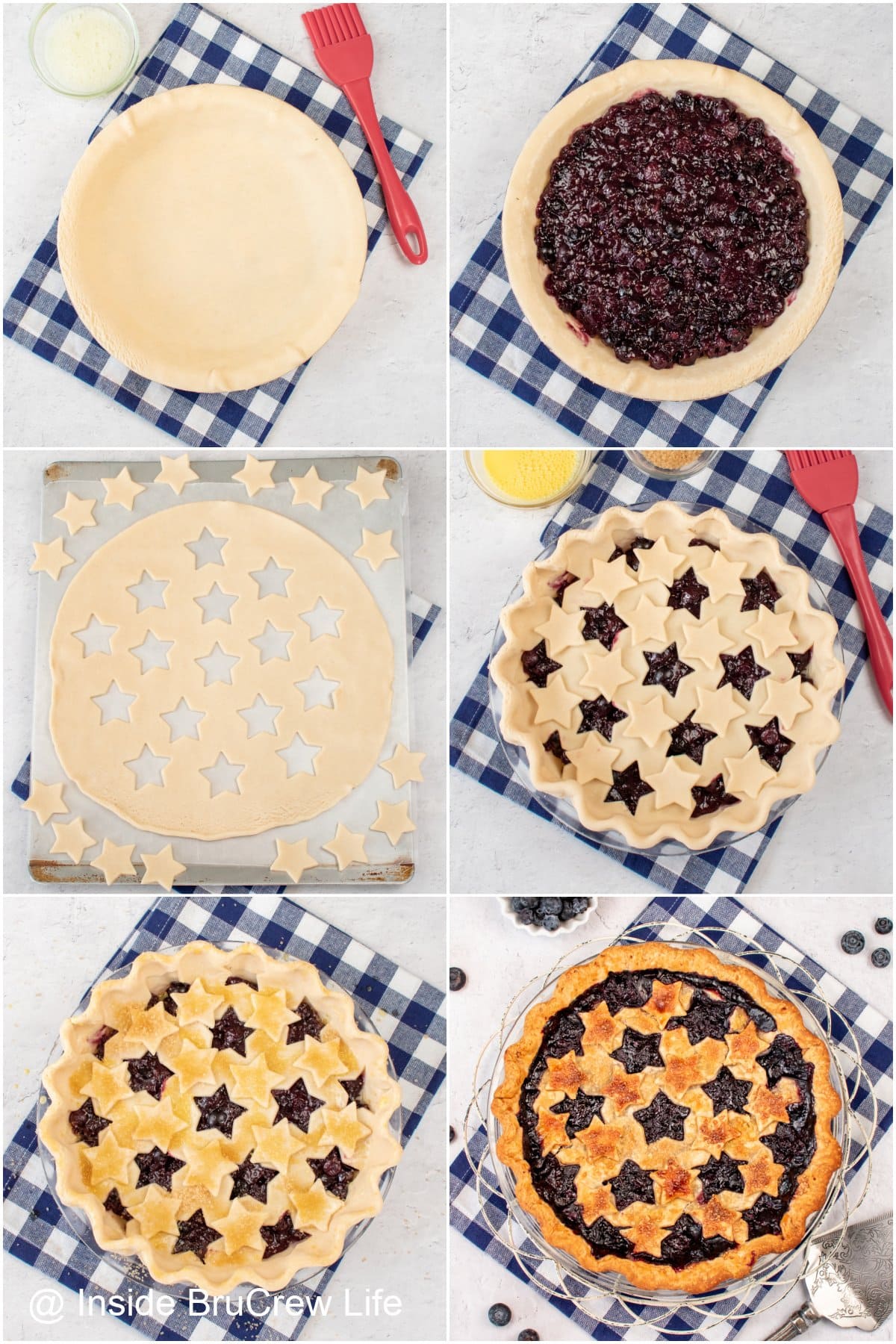 Six pictures collaged together showing how to put a cut out crust on a pie.