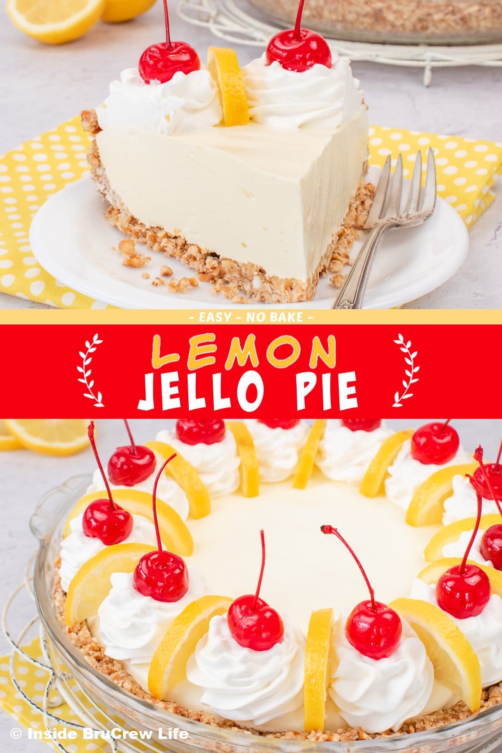 Two pictures of a Jello pie collaged together with a red text box.