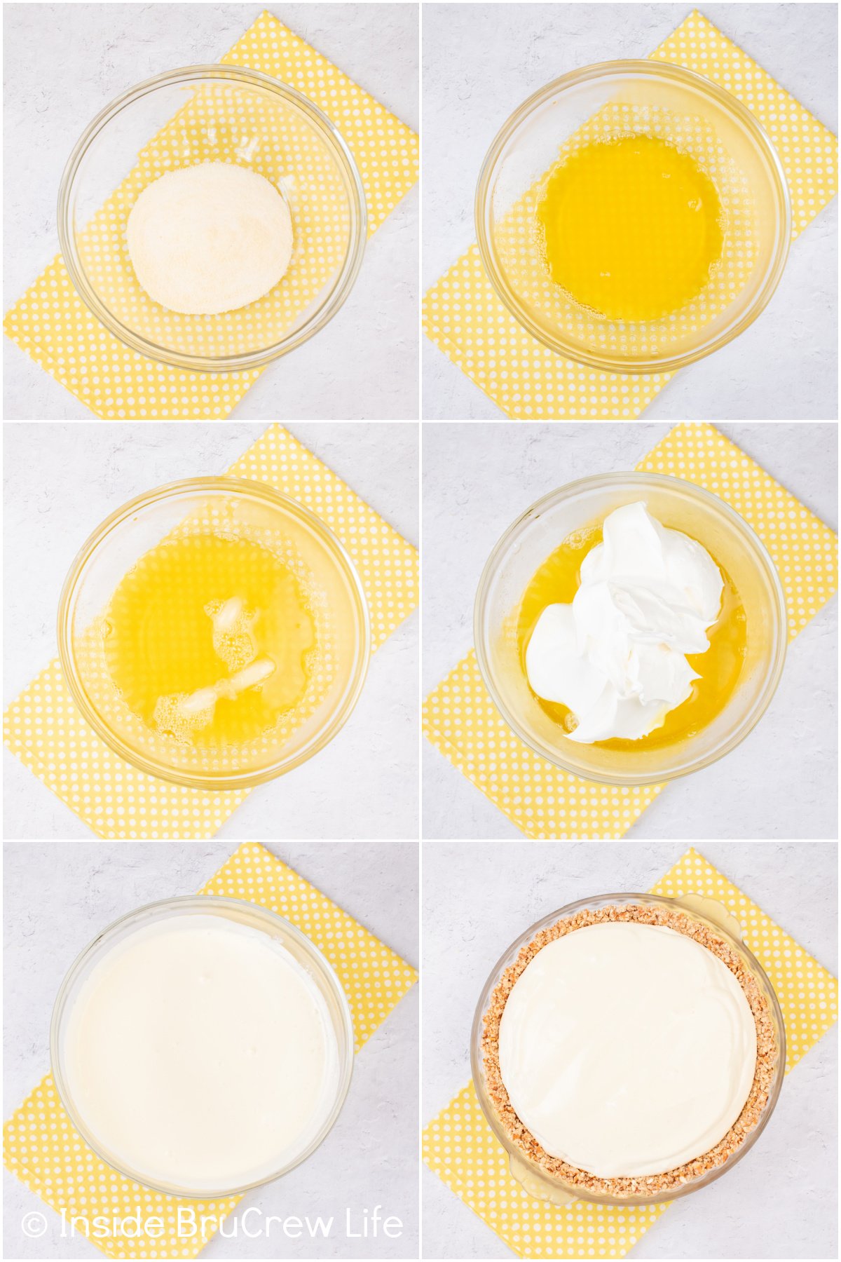 Six pictures collaged together showing how to make a Jello pie filling.