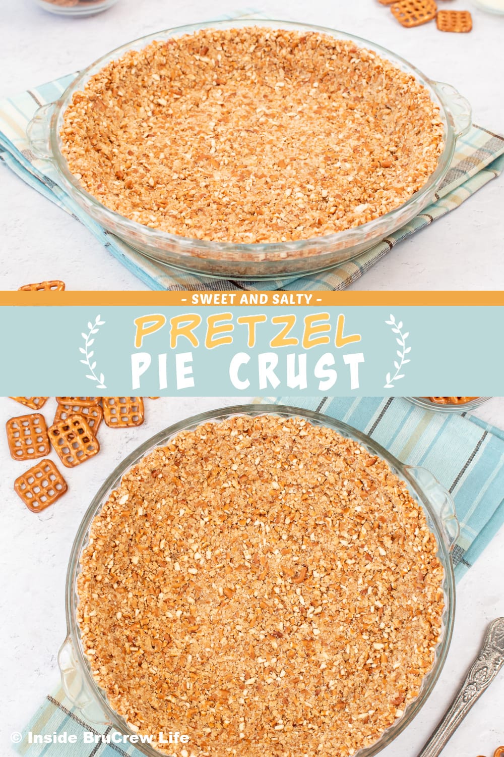 Two pictures of a pretzel pie crust collaged together with a blue text box.