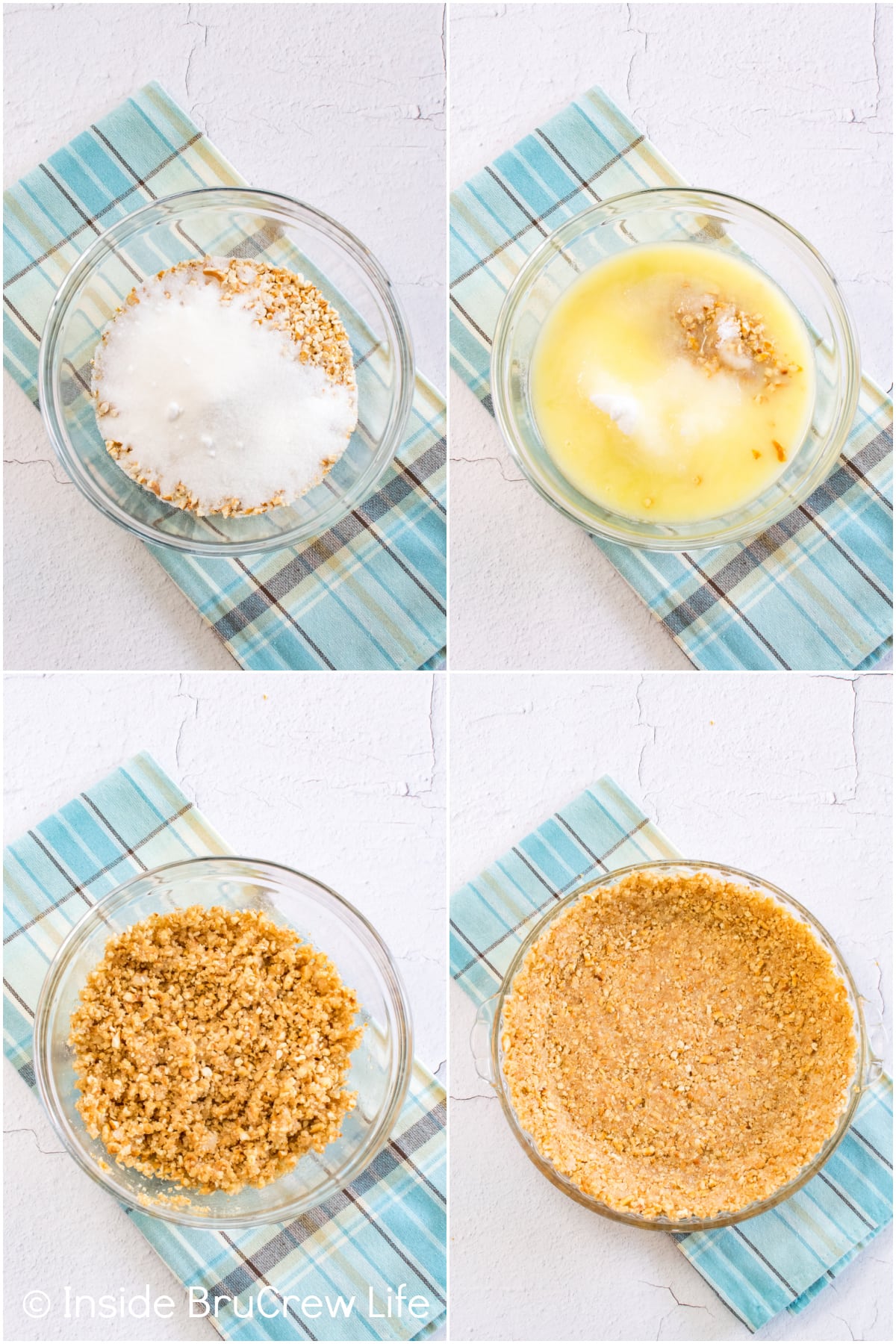 Four pictures collaged together showing how to mix ingredients for a crumb crust.
