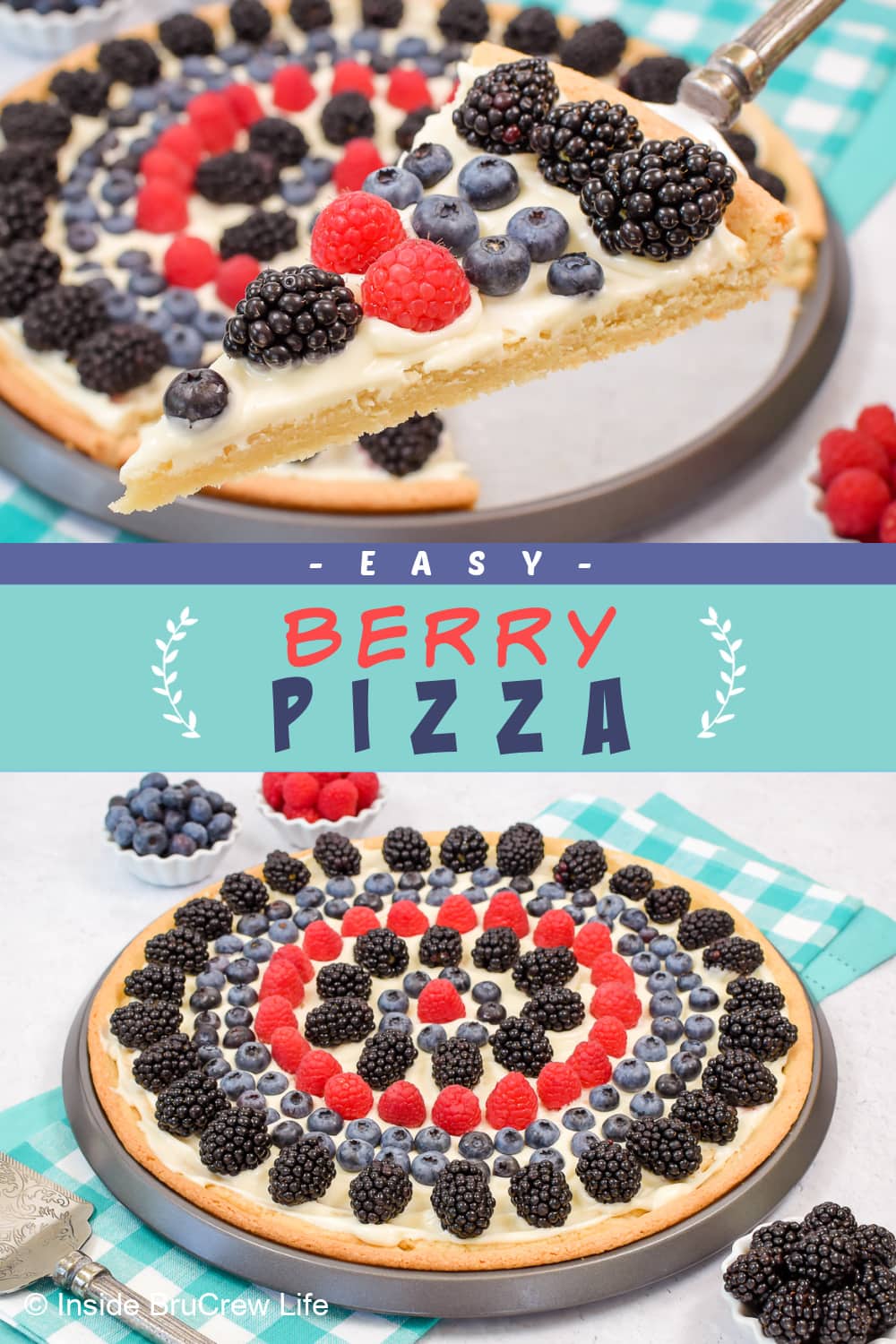 Two pictures of berry pizza collaged together with a blue text box.