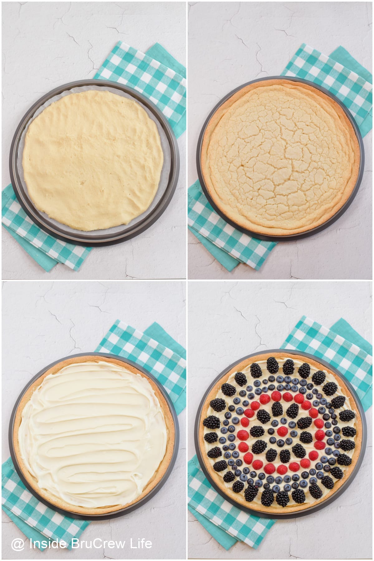 Four pictures showing the steps baking and decorating a fruit pizza.