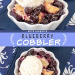Two pictures of blueberry cobbler collaged together with a blue text box.