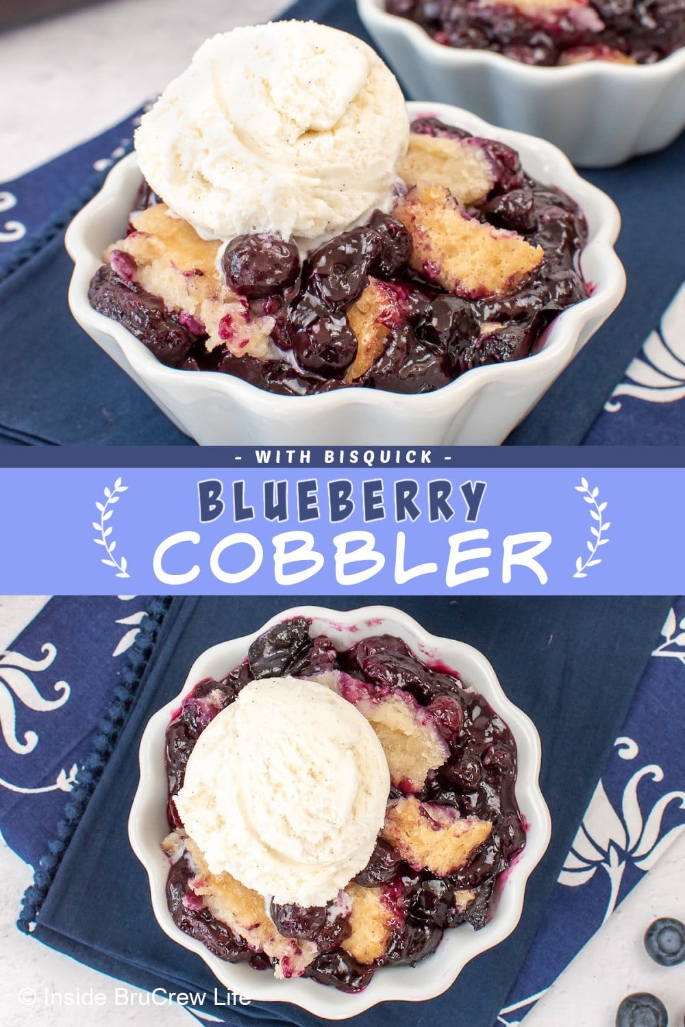 Two pictures of blueberry cobbler collaged together with a blue text box.