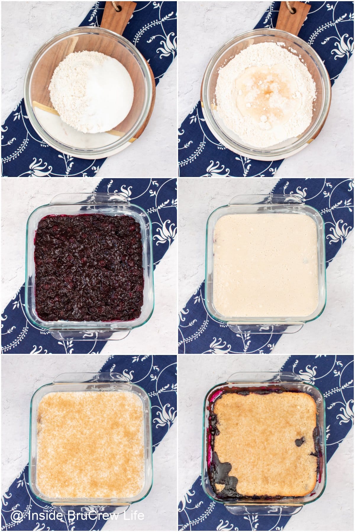 Six pictures collaged together showing how to make a fruit cobbler.