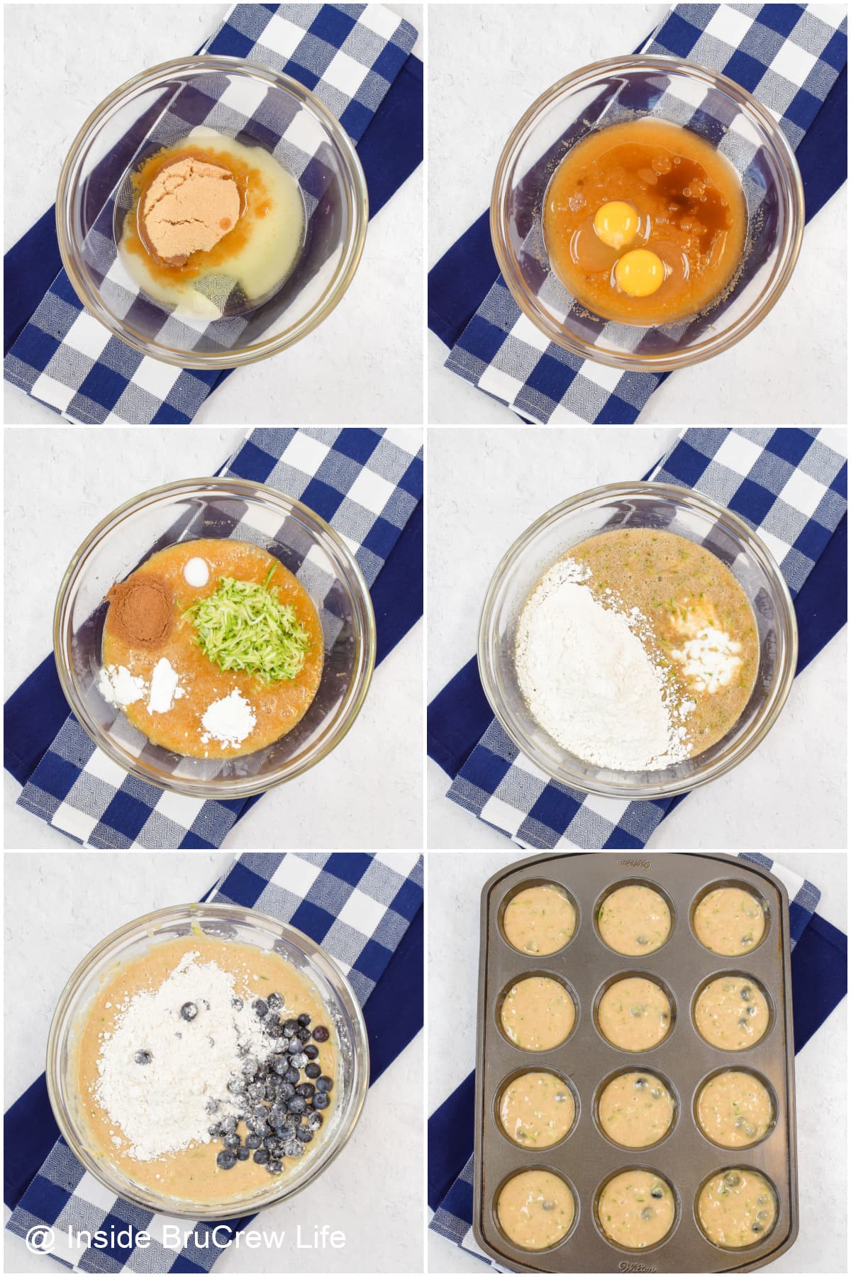 Six pictures collaged together showing how to make zucchini muffin batter.