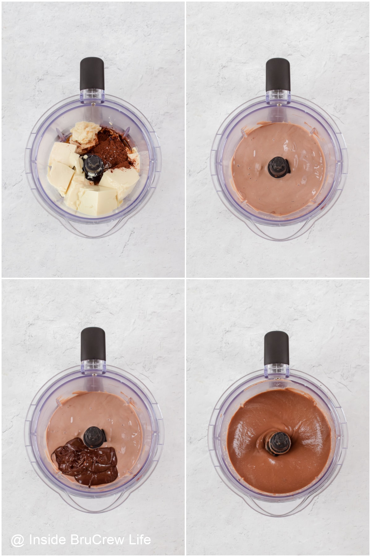 Four pictures of chocolate pudding in a blender.