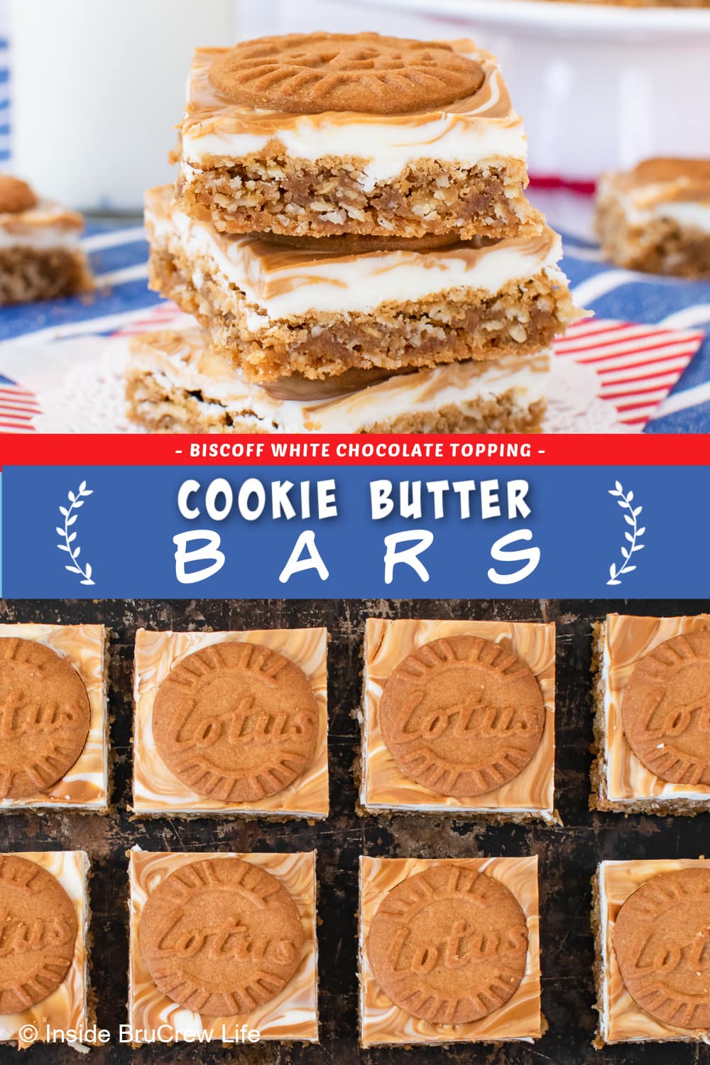 Two pictures of cookie butter bars collaged together with a blue text box.