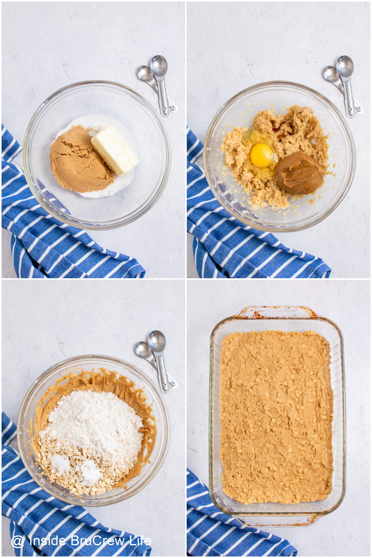 Four pictures showing how to make batter for oatmeal bars.