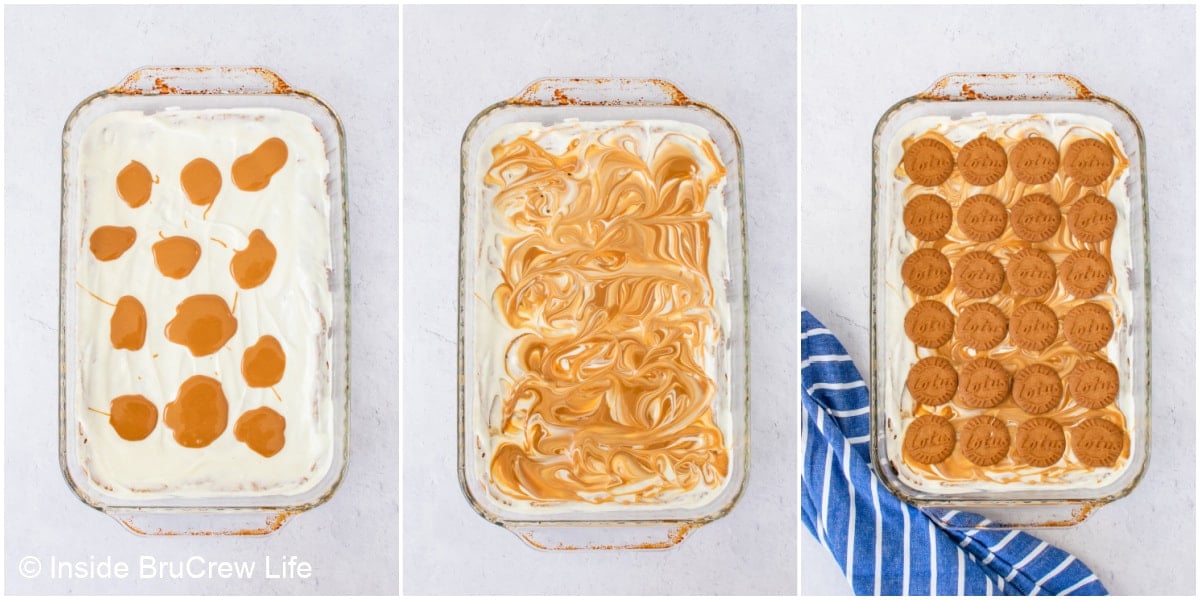 Three pictures showing how to swirl white chocolate on top of cookie bars.