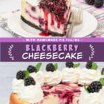 Two pictures of a blackberry swirl cheesecake collaged together.