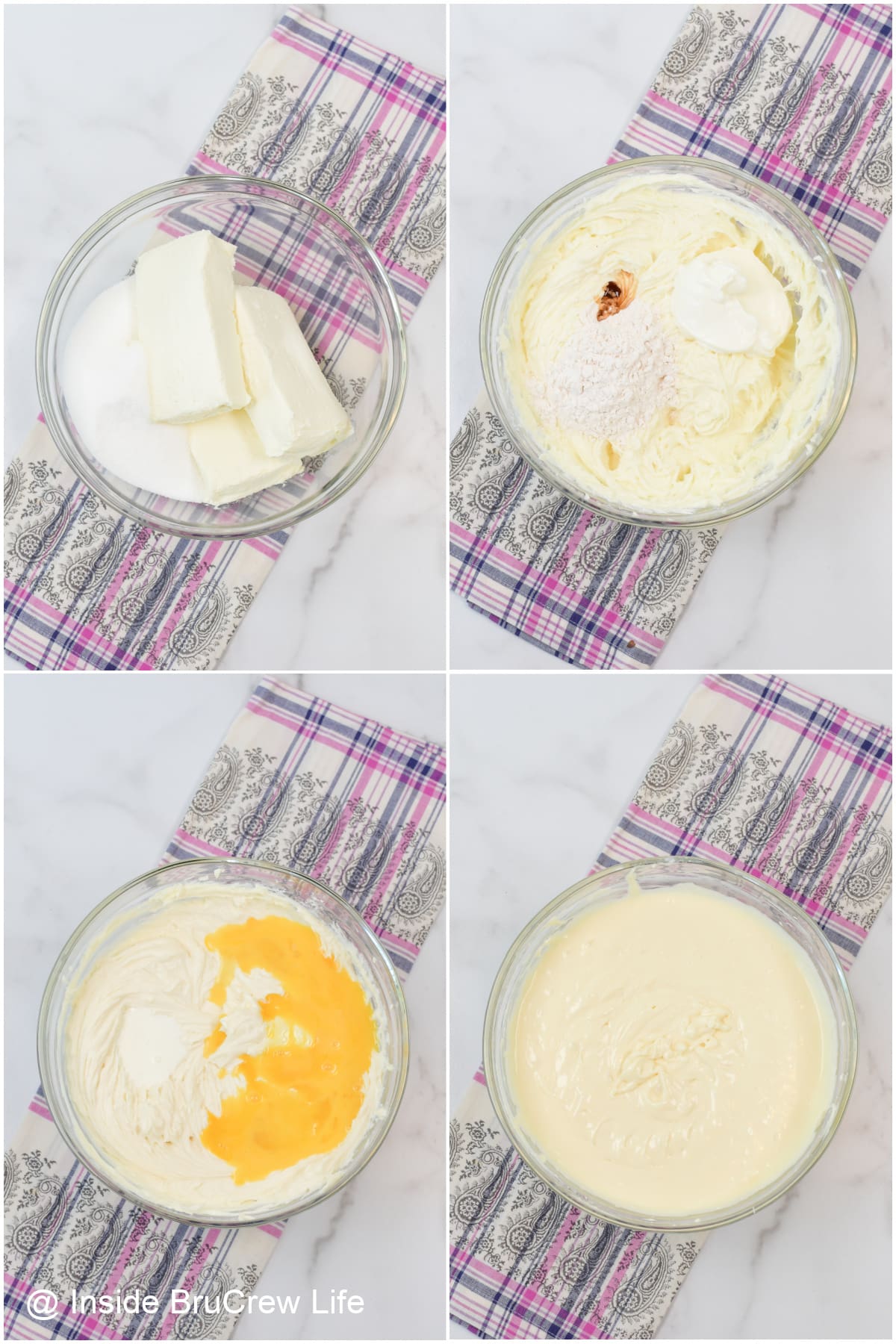 Four pictures collaged together showing the steps to making cheesecake batter.