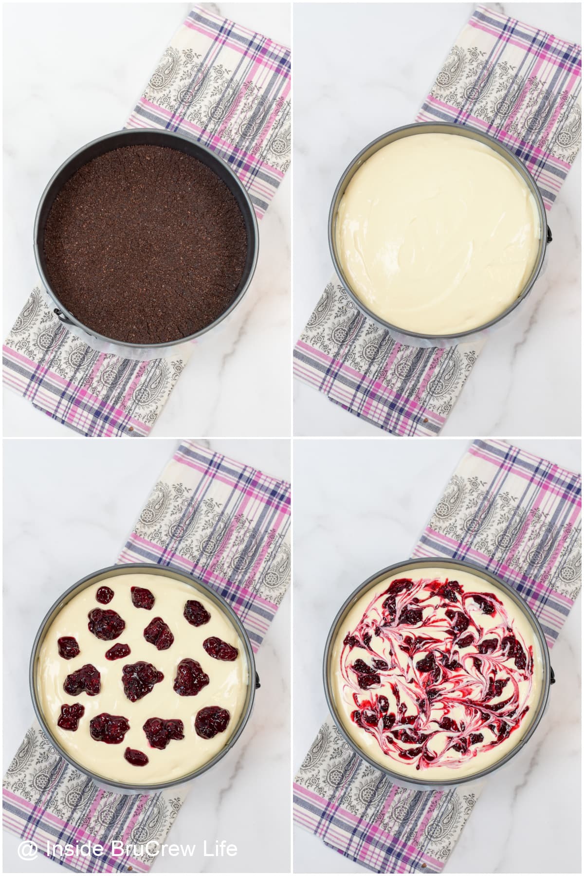 Four pictures collaged together showing how to layer the crust and cheesecake batter in a springform pan.